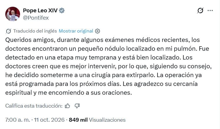 Papa León XIV será operado tras detectar un nódulo en uno de sus pulmones