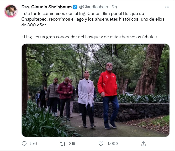 En redes sociales, Claudia Sheinbaum presumió su caminata con el ingeniero Carlos Slim por el Bosque de Chapultepec.