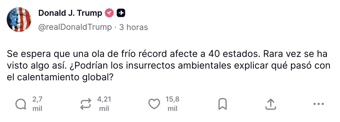 Trump se burla del cambio climático pese a tormenta invernal histórica en Estados Unidos
