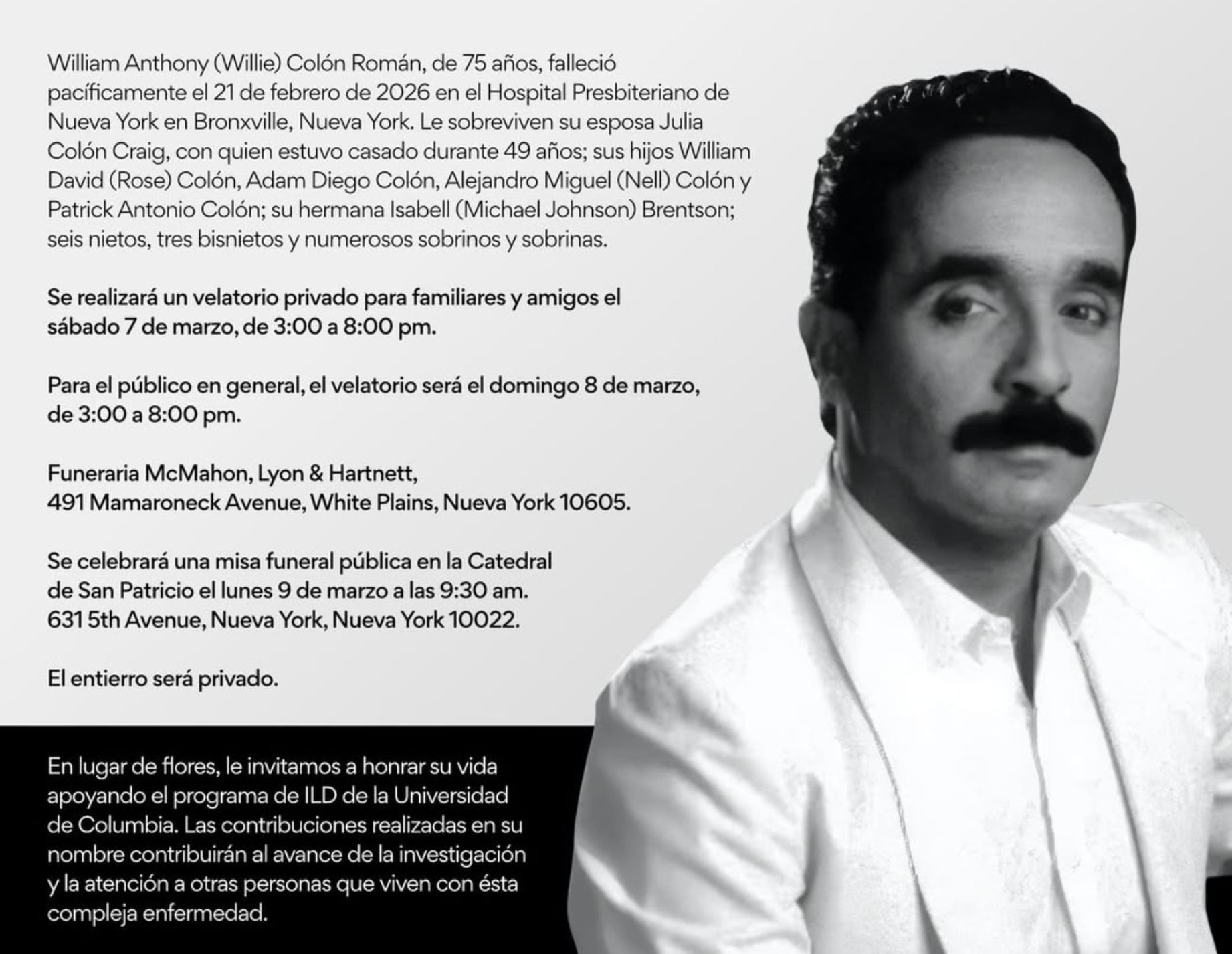 El funeral de Willie Colón será abierto al público en Nueva York