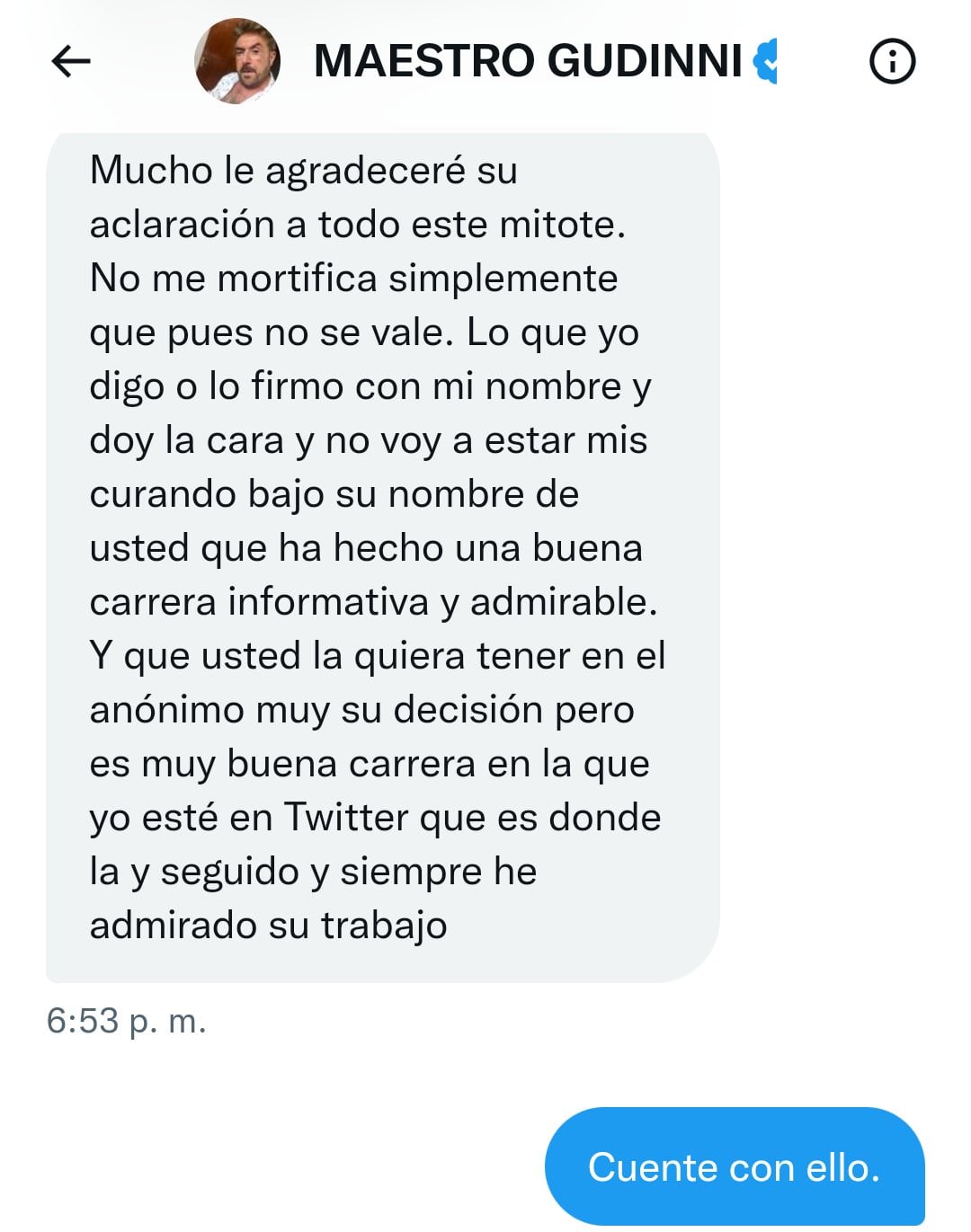 Alfredo Gudinni pide a Doña Carmelita aclarar que él no está detrás de su cuenta.