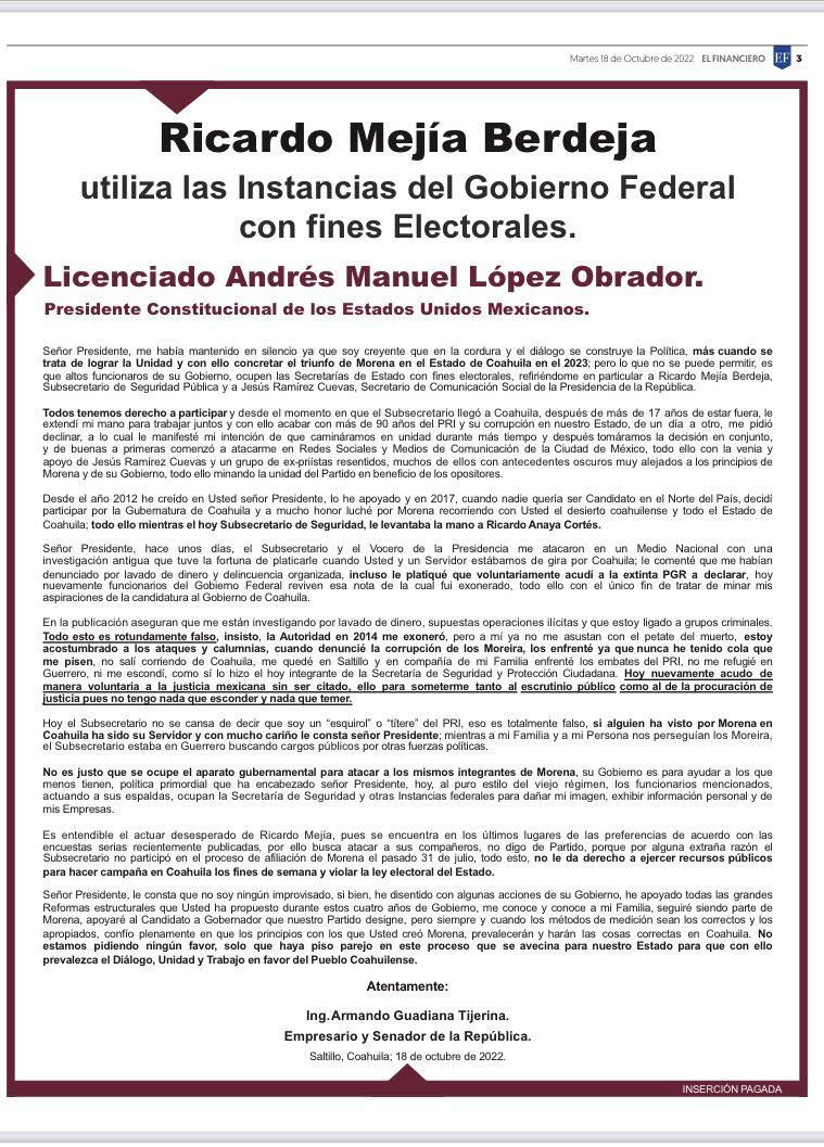 Ruptura en Morena, Armando Guadiana contra Ricardo Mejía Berdeja y Jesús Ramírez