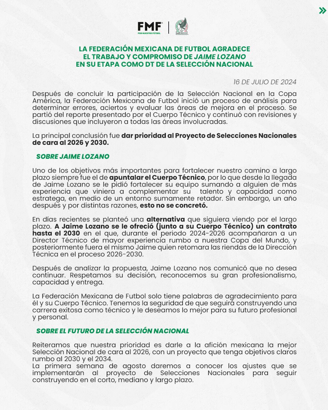 Comunicado de la FMF sobre la salida de Jaime Lozano de la Selección Mexicana