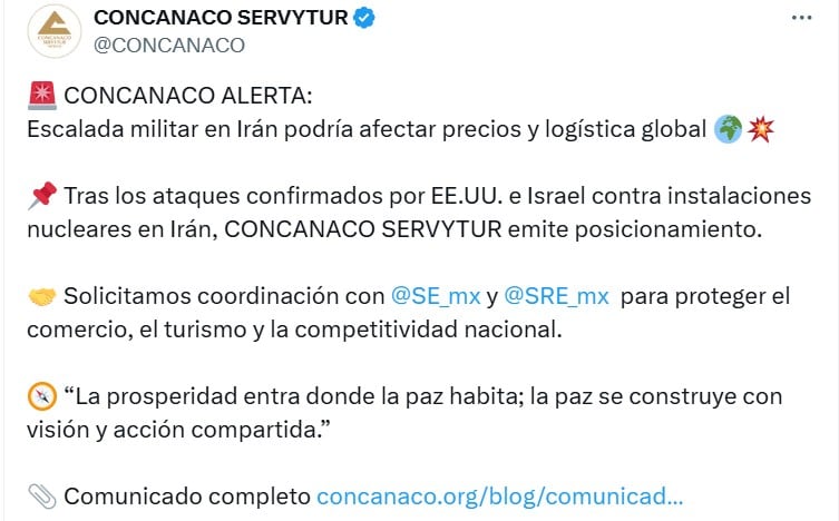 Concanaco advierte efectos de la guerra Israel vs. Irán aquí
