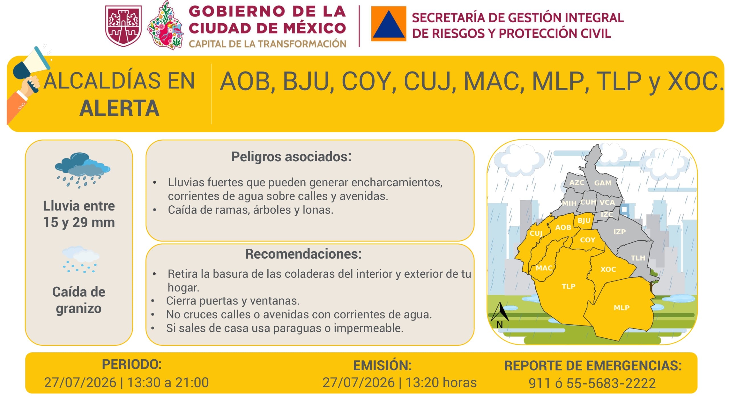 Alerta Amarilla en CDMX para la tarde de este lunes 27 de junio por fuertes lluvias