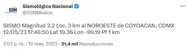 Sismo este viernes 12 de mayo en CDMX