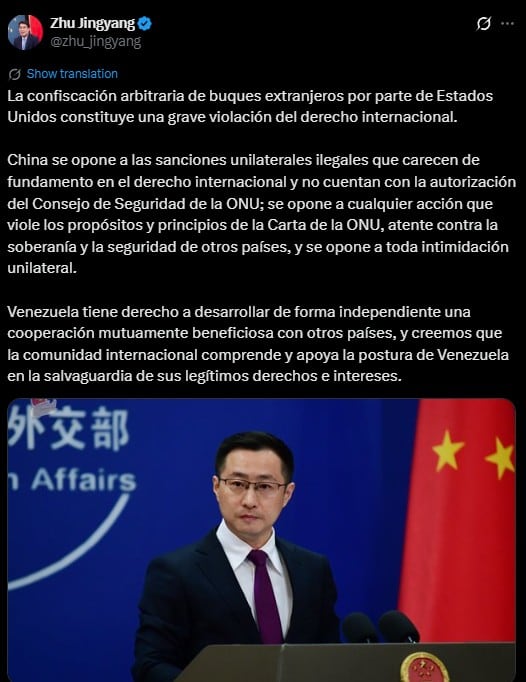 China acusa a Estados Unidos de grave violación al derecho internacional por confiscación de buques