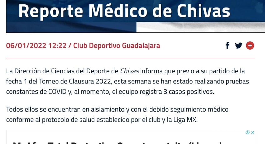 Chivas reportó casos de Covid-19 previo al Clausura 2022