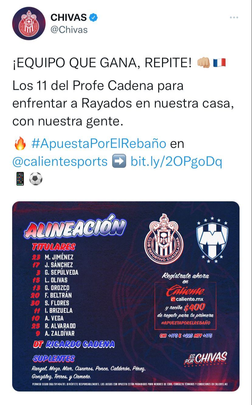 El Club Chivas repite alineación frente a Rayados de Monterrey.