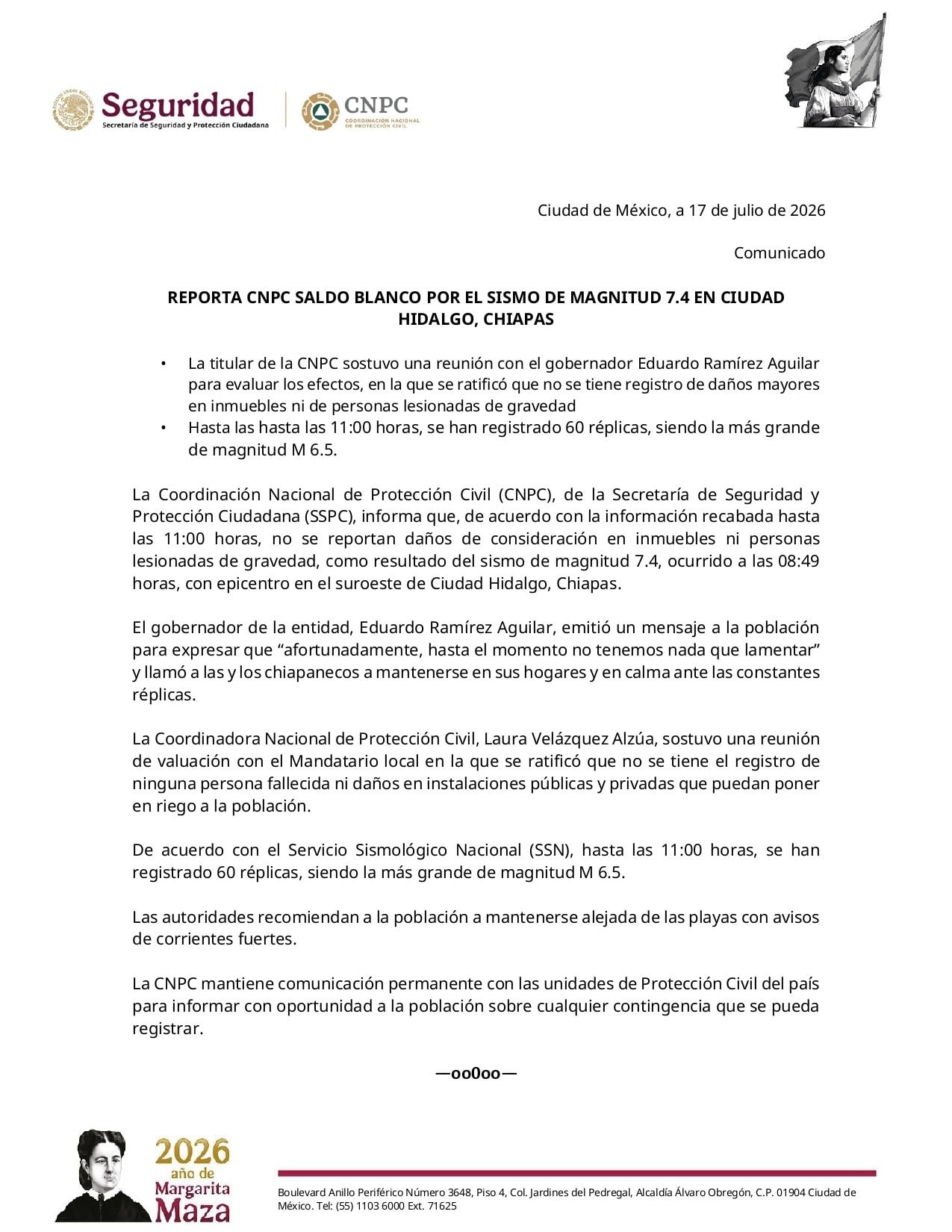 CNPC reporta más de 60 réplicas y saldo blanco tras sismo en Chiapas