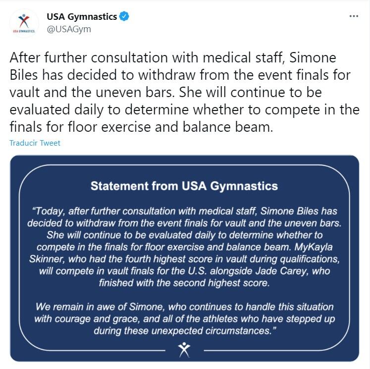 Publicación de la Federación de Gimnasia de EU en Twitter