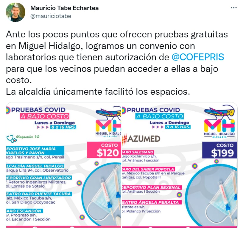Costo y ubicación de pruebas Covid-19 en Miguel Hidalgo