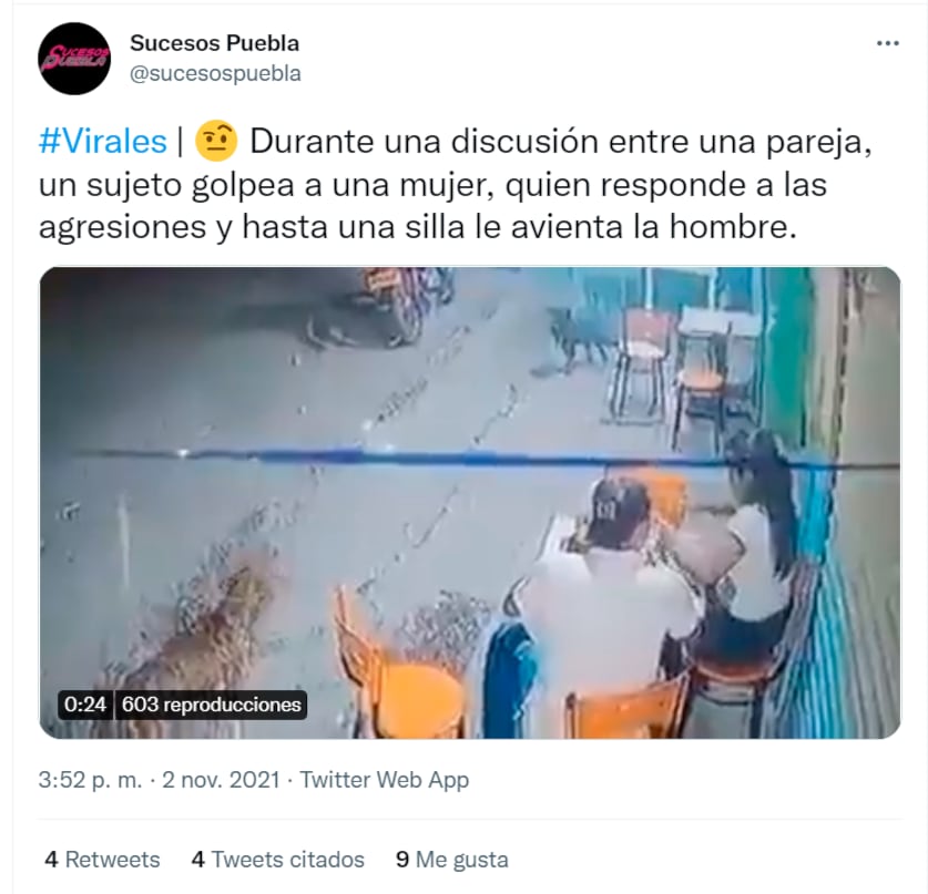 Captura de pantalla Twitter de video viral dónde mujer se defiende de su agresor en Puebla