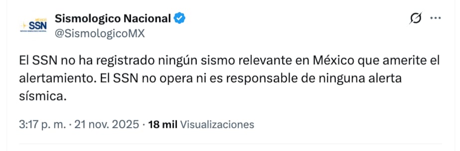 El Servicio Sismológico Nacional rechazó se registrara un temblor que activara la alerta sísmica hoy 21 de noviembre