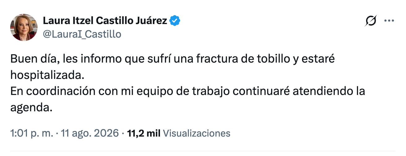 Laura Itzel Castillo será hospitalizada por fractura de tobillo