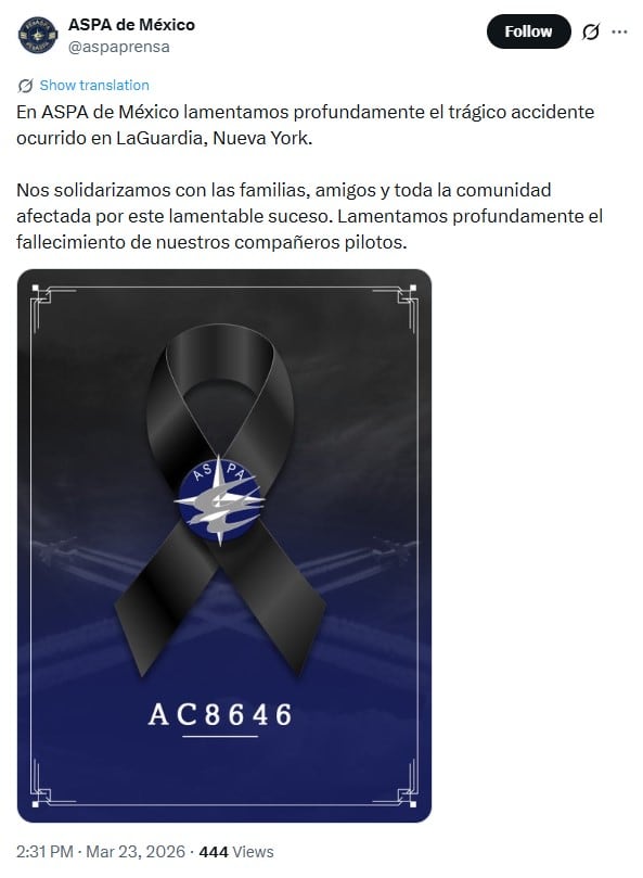 ASPA de México lamenta accidente de Air Canada en Aeropuerto LaGuardia