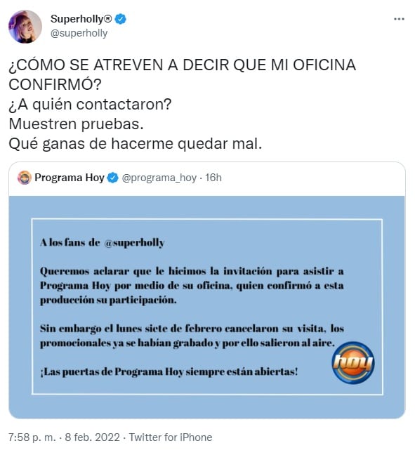 SuperHolly le responde al programa Hoy