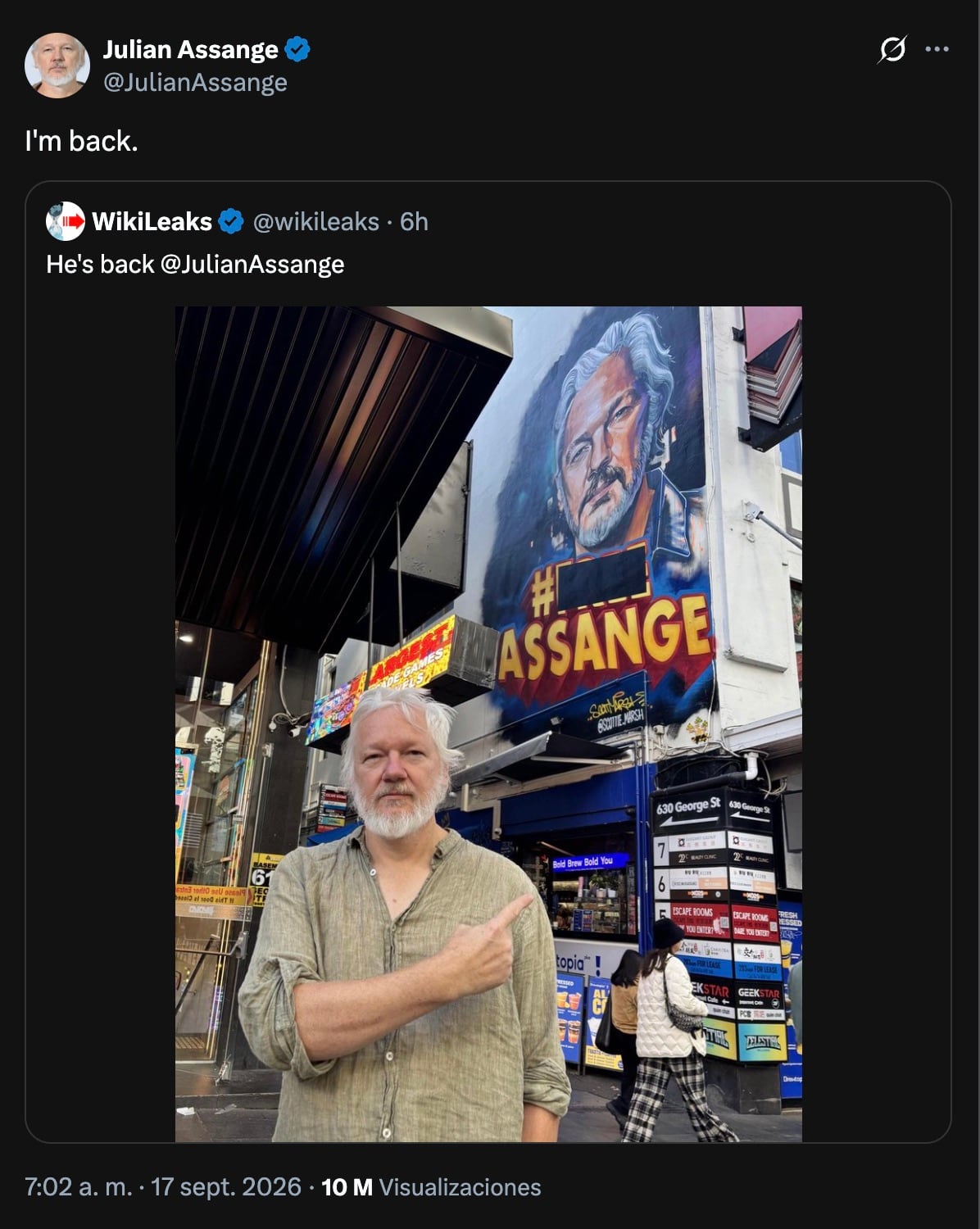 Julian Assange regresa a X después de más de dos años con una foto desde Sídney