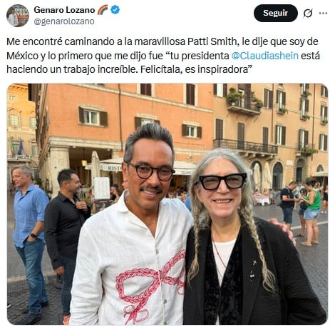 Genaro Lozano comparte el mensaje que Patti Smith mandó a Claudia Sheinbaum.