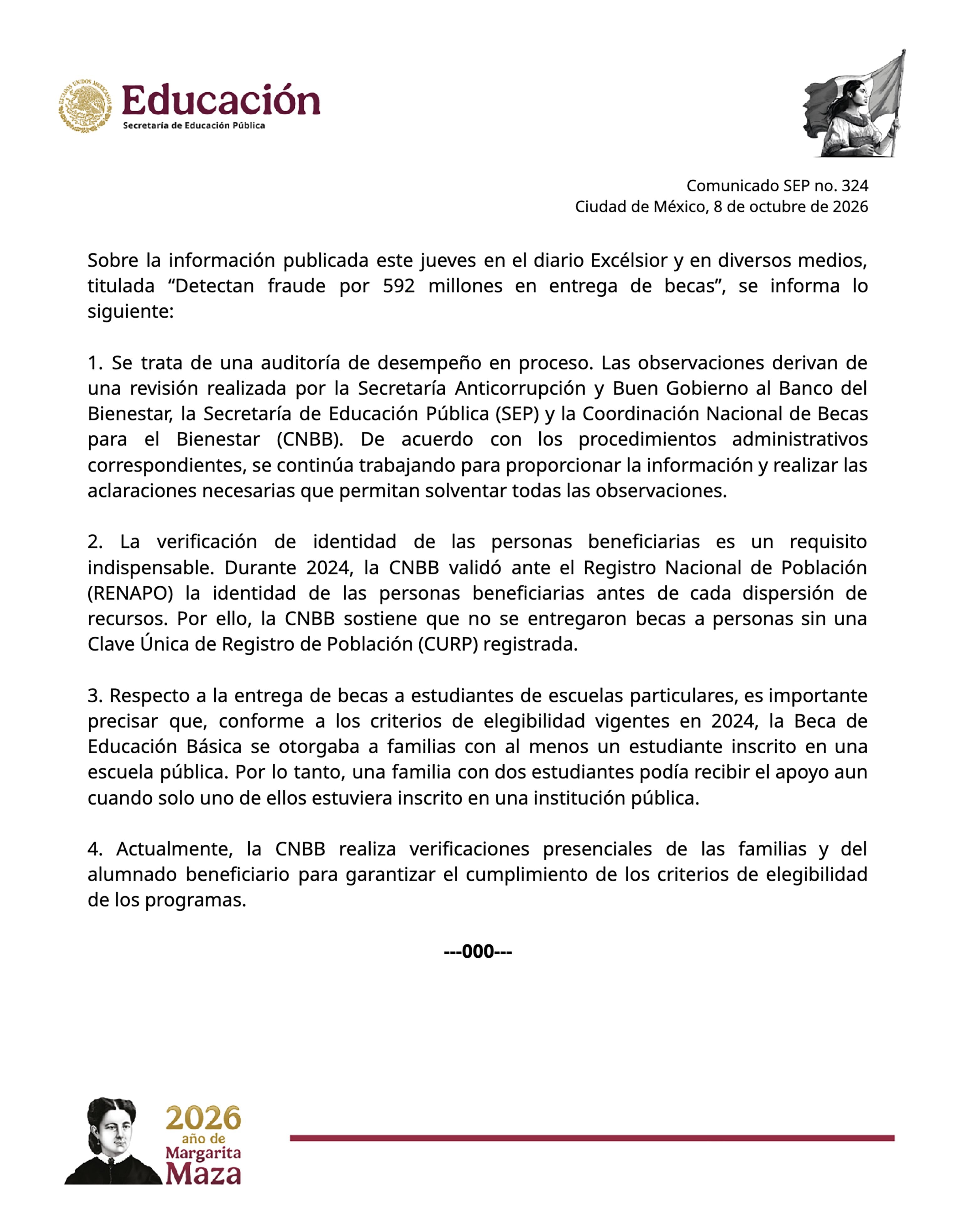 SEP desmiente irregularidades por 592 millones de pesos en becas Benito Juárez