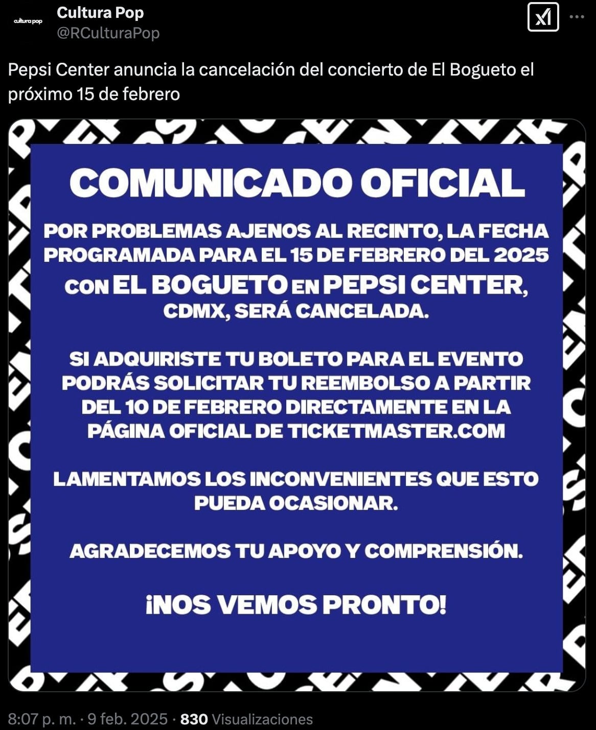 El Bogueto cancela su concierto en el Pepsi Center del próximo 15 de febrero