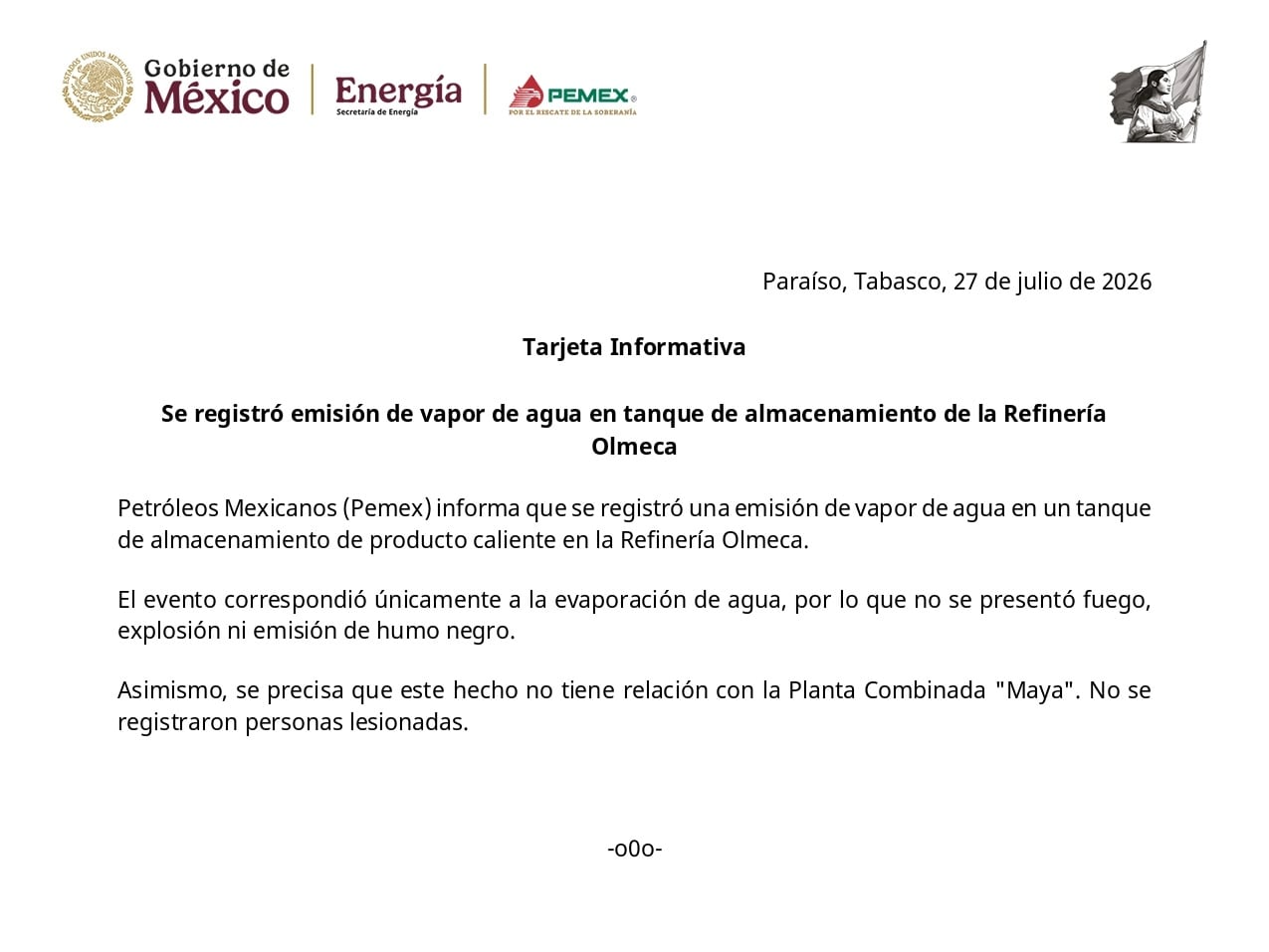 Pemex aclara presencia de humo blanco en Dos Bocas