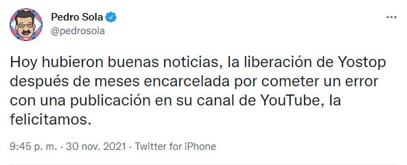 Pedro Sola celebra que YosStop fuera liberada