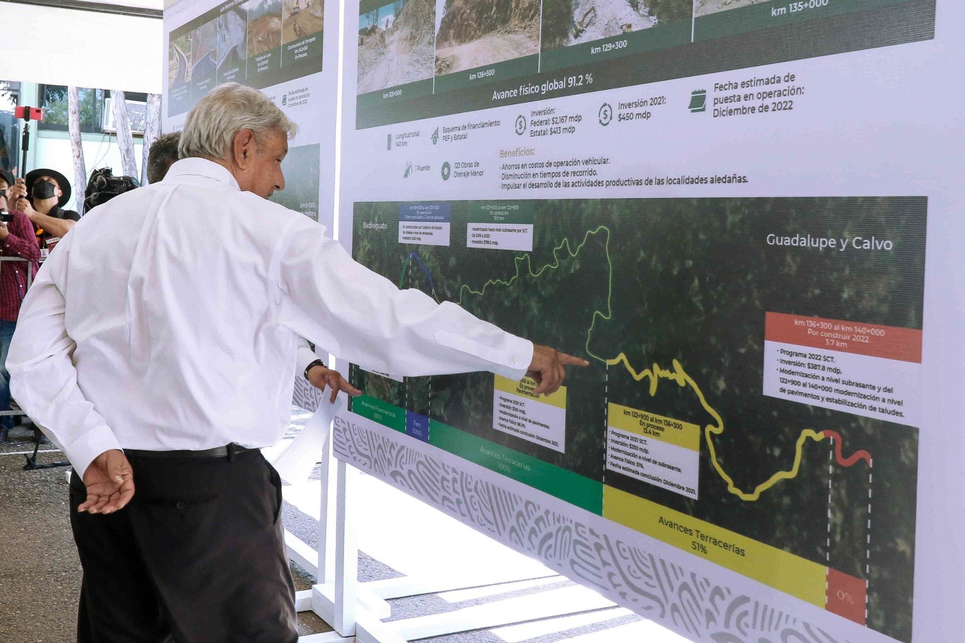 AMLO durante la supervisión de la Carretera Badiraguato-Guadalupe y Calvo en Badiraguato, Sinaloa.
