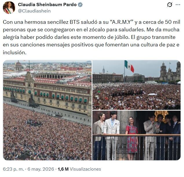 Sheinbaum destaca a BTS por transmitir mensajes de paz e inclusión