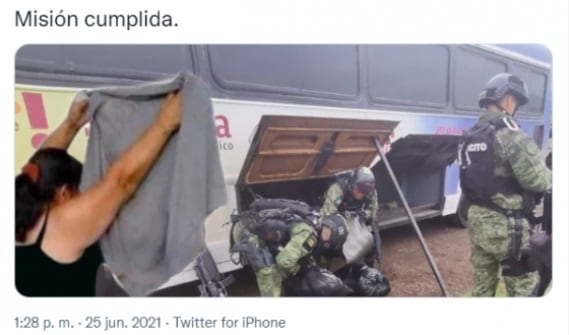 Meme sobre camión con logos de Morena