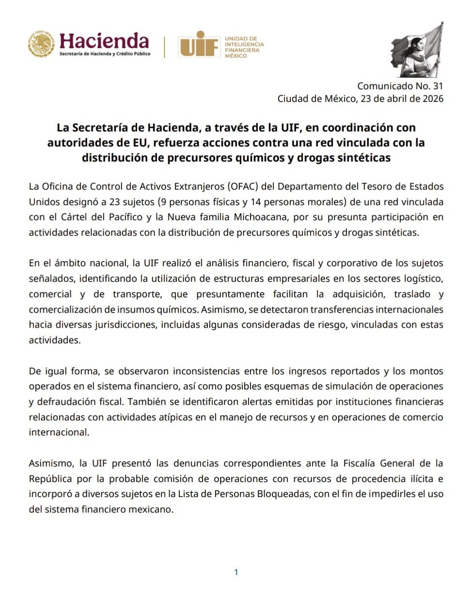 UIF y Tesoro de Estados Unidos sancionan a 23 ligados a cárteles mexicanos
