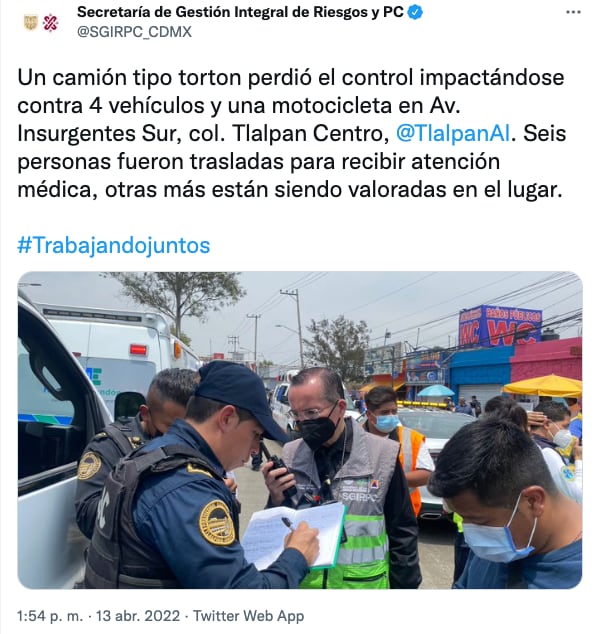 Reporte de acciones tras accidente en Insurgentes