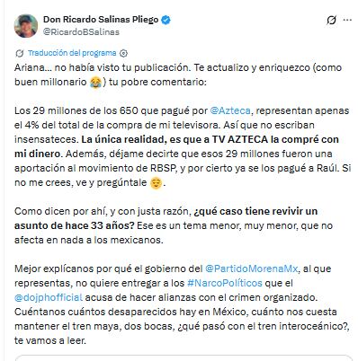 Ricardo Salinas Pliego responde a señalamientos de Ariadna Montiel
