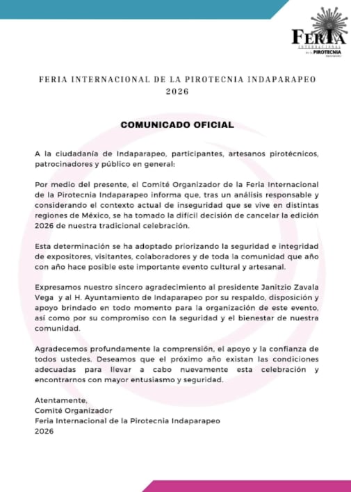 Comunicado de la Feria Internacional de la Pirotecnia Indaparapeo