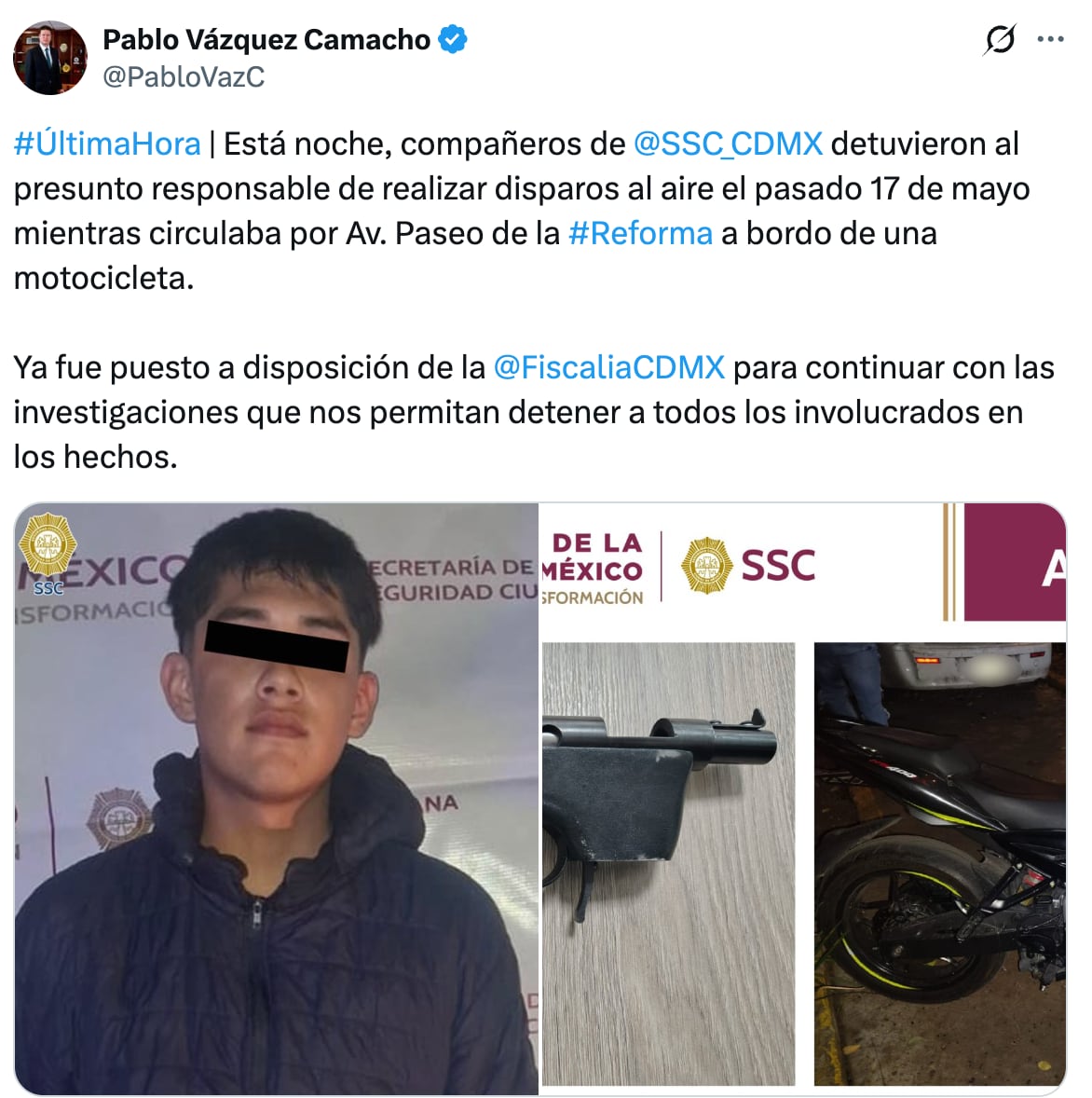 Pablo Vázquez revela que el motociclista que disparó al aire en Paseo de la Reforma, ya fue detenido