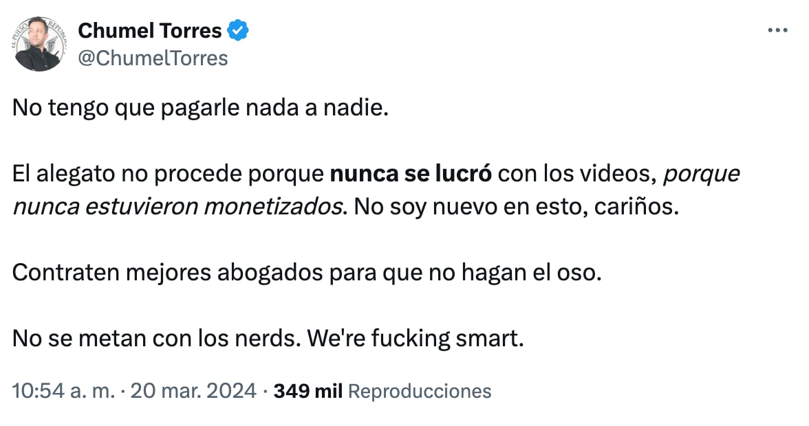 Chumel Torres no piensa pagar los 500 mil pesos a Gloria Trevi por plagiar su canción