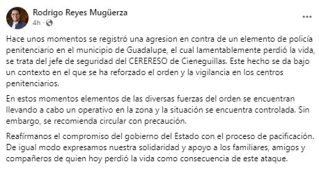 Jefe de seguridad del penal de Cieneguillas, Zacatecas