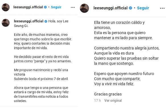 Lee Seung Gi revela que se va casar con Lee Da In