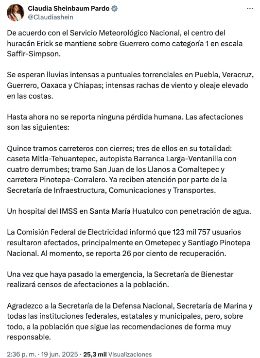 Claudia Sheinbaum presenta nuevo balance de daños del huracán Erick