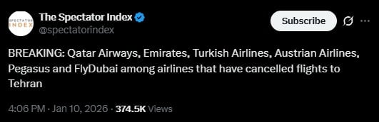 Tras las crecientes protestas en Irán, vuelos son cancelados