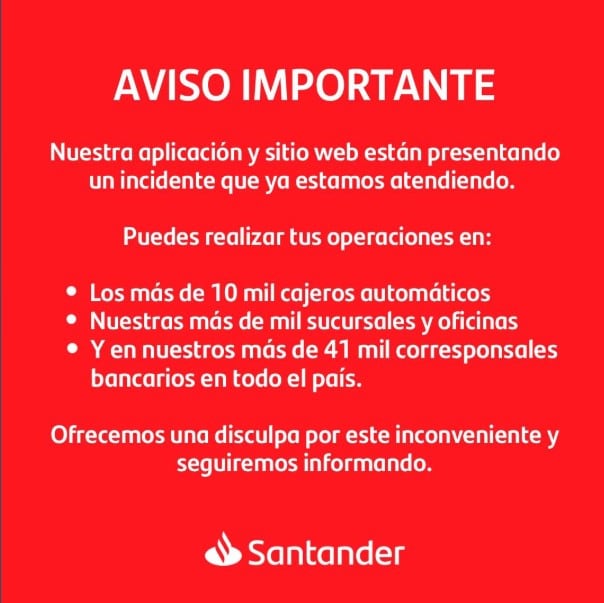 Caída de Banco Santander afecta su banca móvil este jueves