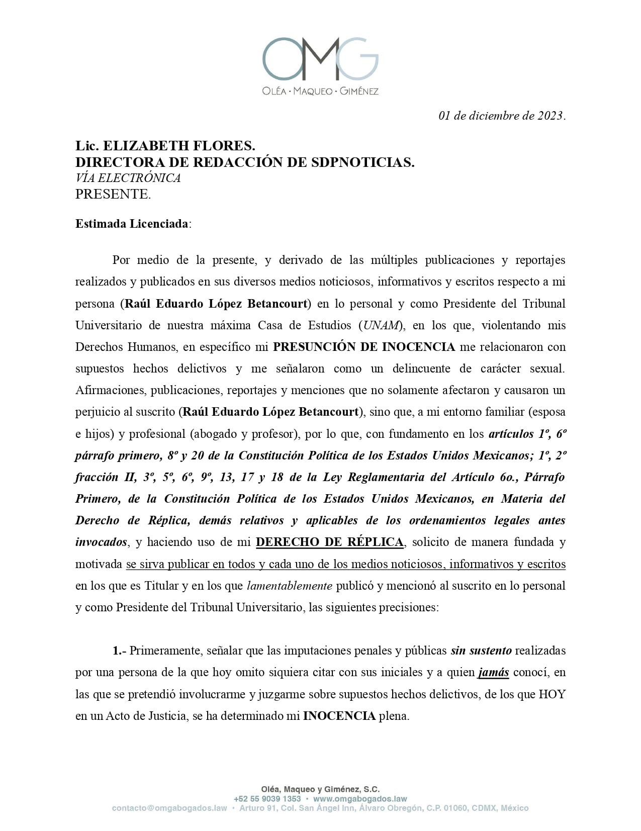 Derecho de réplica de Eduardo López Betancourt