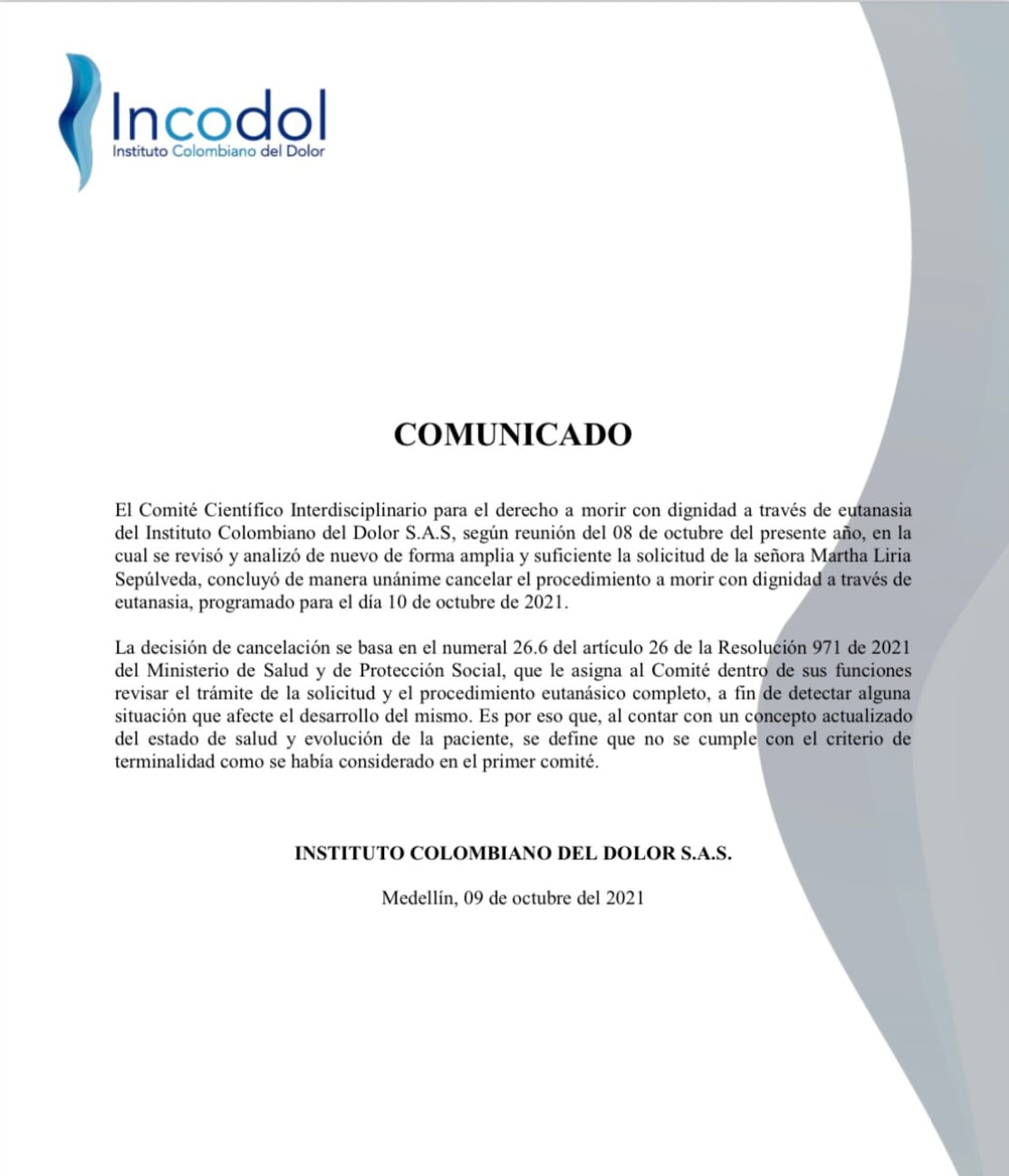 Comunicado de Incodol sobre eutanasia de Martha Sepúlveda