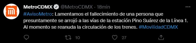 Metro de la CDMX informa de muerte de persona que se arrojó  en Línea 1