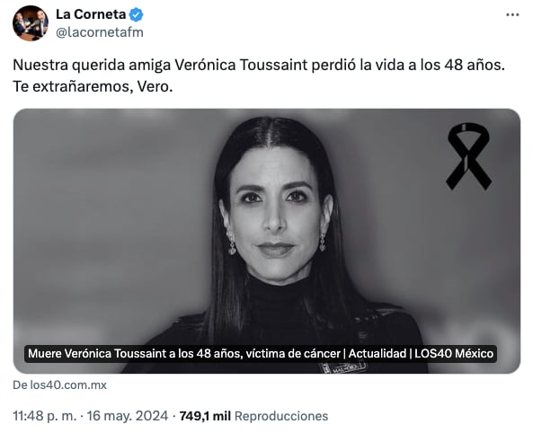 Famosos lamentan la muerte de Verónica Toussaint
