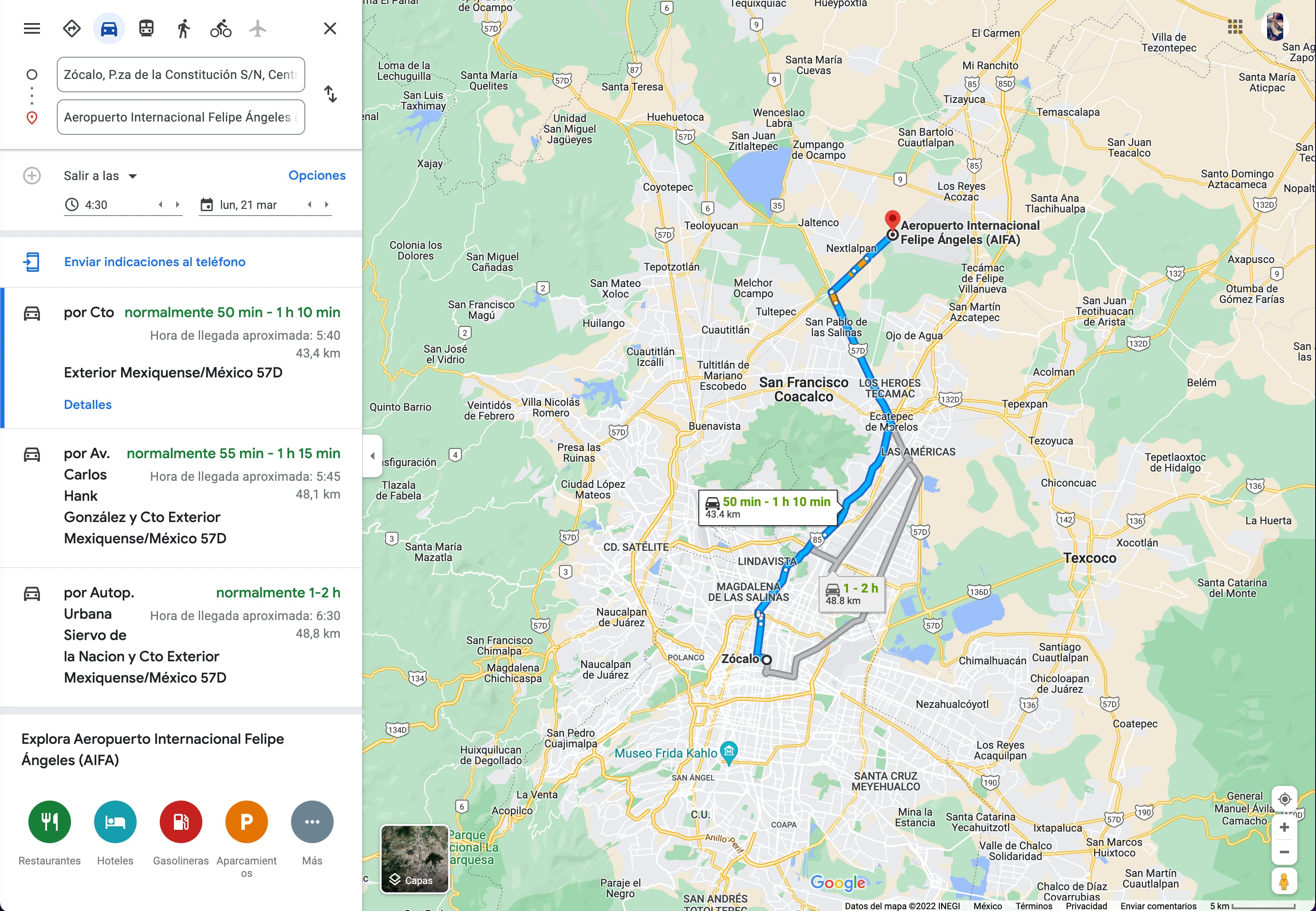 Mapa Google, traslado al AIFA