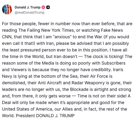 Trump dice que no tiene prisa para terminar la guerra con Irán