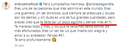 último mensaje de cumpleaños de Erik Rubín a Andrea Legarreta