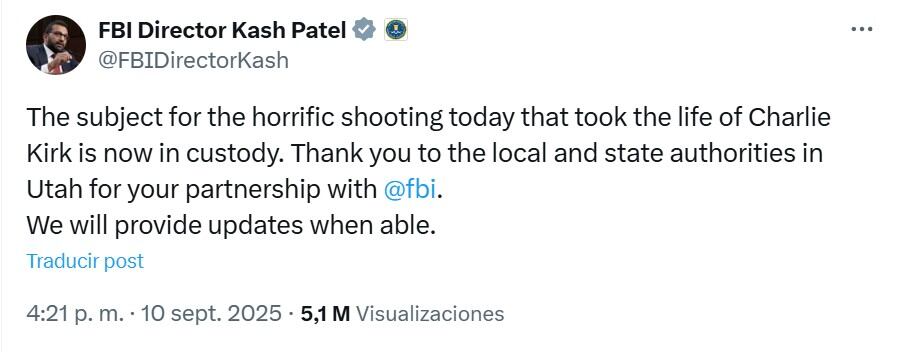 Sospechoso de muerte de Charlie Kirk fue detenido