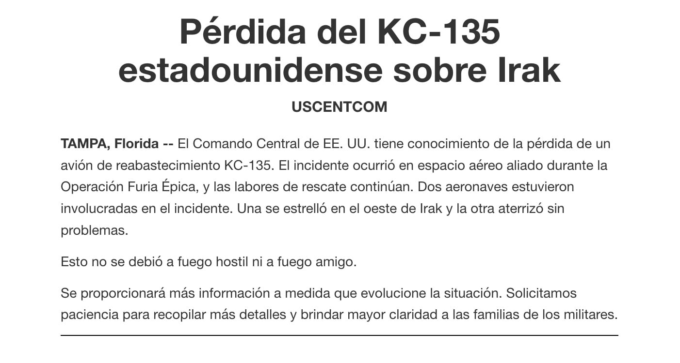 Aeronave militar de Estados Unidos se estrella al oeste de Irak